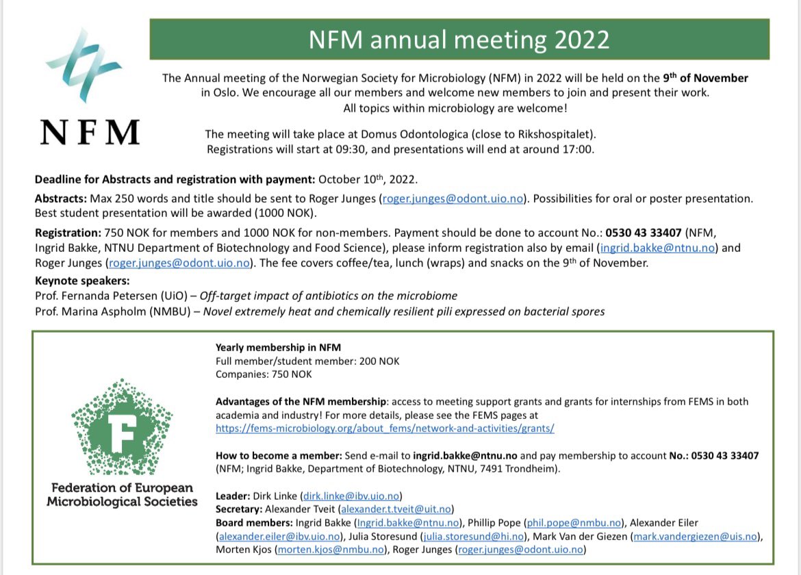 NFM_Norway's tweet photo. BIG NEWS! The Annual meeting of the Norwegian Society for Microbiology (NFM) in 2022 will be held on the 9th of November in Oslo. We encourage all our members and welcome new members to join and present their work. All topics within microbiology are welcome! https://t.co/jqWXbqwG8a