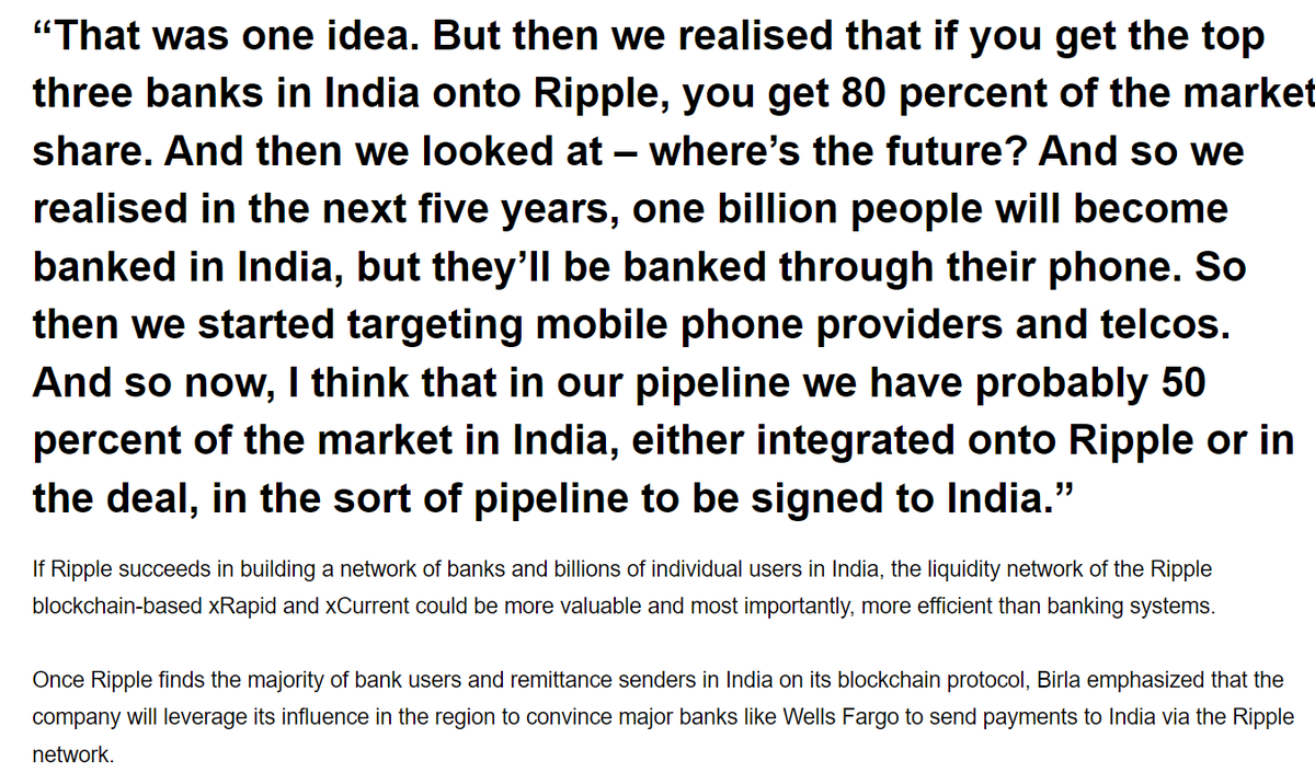 Cryptoinsightuk's tweet photo. Their next thoughts, again from Asheesh Birla. Go after the top 3 commercial banks in India and you get 80% market share (xRapid is now ODL).

They then looked at mobile banking and exclaimed in 2018 that in their pipeline they "probably have 50% of the Indian market" https://t.co/aPlmY9pdA0