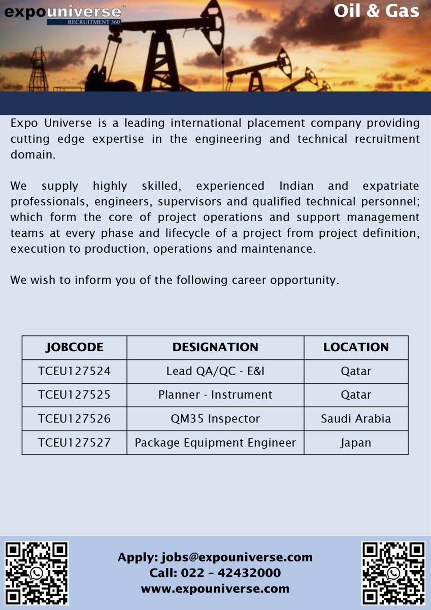 expouniversejob's tweet photo. #expouniverse #oilandgas #packingequipmentengineer #overseasjobs #oilandgasindustry #japanjobs #contractualjobs #qminspector #leadqaqc #equipmentengineer #plannerinstrumentation #freerecruitment #electricalengineering #overseasjobs #saudijobs https://t.co/6oYexEmVZ9