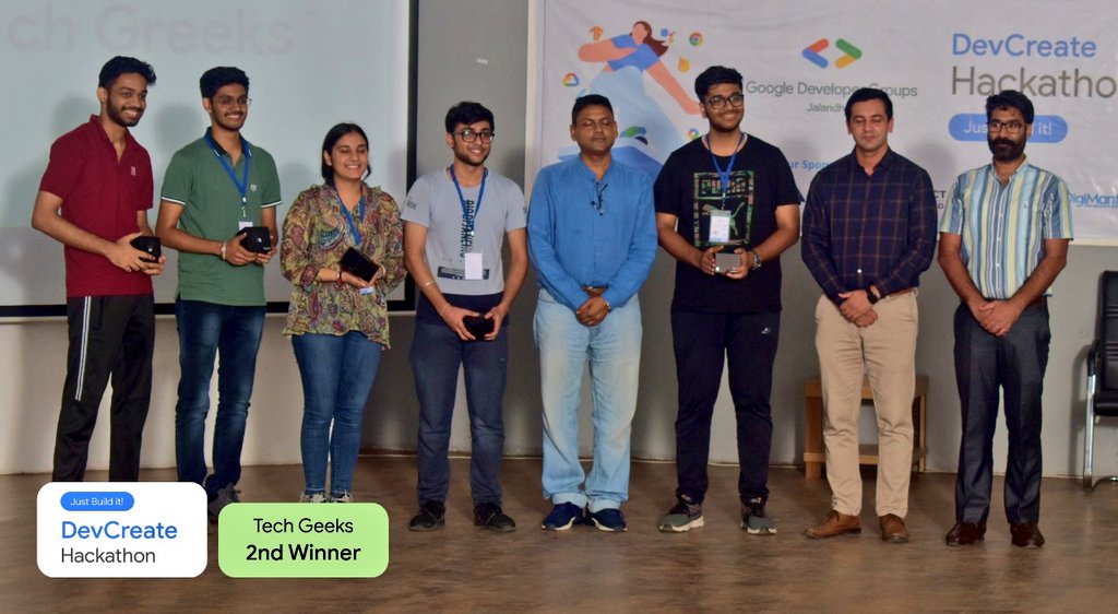 GDGJalandhar's tweet image. 🥁🥁 Winners Announcement 🥁🥁

Congratulations to the winners 🏆 of the #DevCreate Hackathon organized by GDG WTM Jalandhar ✨

Winning Teams:
🥇 Social 
🥈 Tech Greeks
🥉 Tech Titans 

#GDGJalandhar #WTMJalandhar