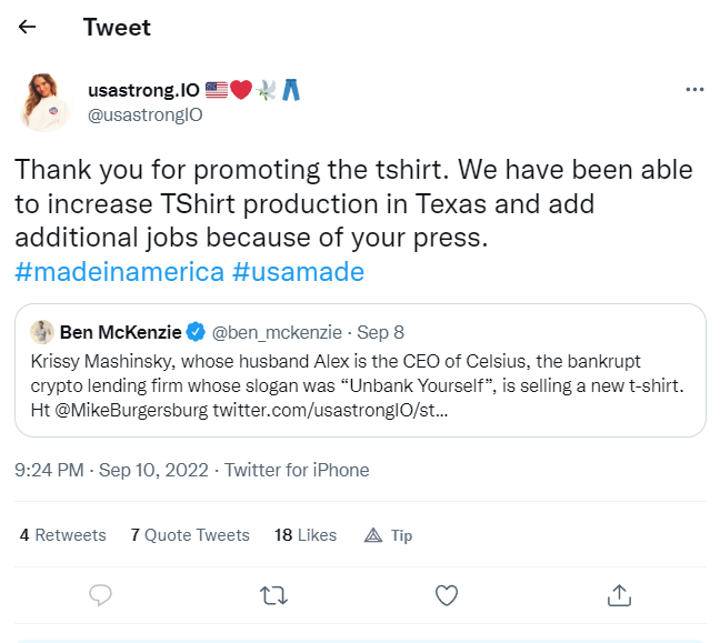 scaminsky1's tweet photo. Victims' Pain is Good Promotion for the "Unbankrupt Yourself" T-shirt. KRISSY IS THANKFUL, for the free publicity and ramping up production. (tweet deleted since).
#CelsiusNetwork #Celsius #TrueCelsians #CommunityFirst #Mashinsky #KrissyMashinsky #MashinskyOut #Scam #CryproScam https://t.co/W5Ja2WryEL
