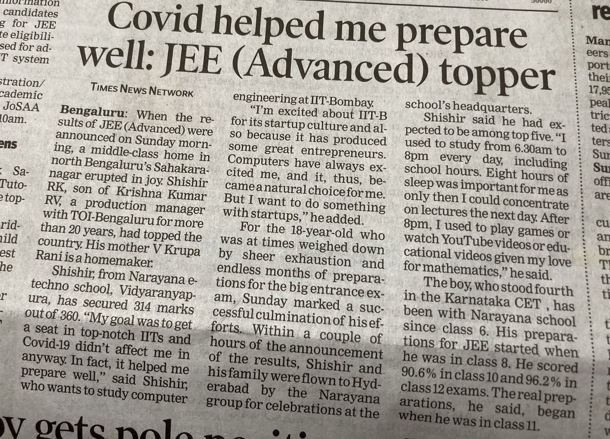 shantanunandan2's tweet image. IIT Entrance exam all-India topper Shishir RK is son of a production manager in Times of India — Bengaluru Krishna Kumar RV. Congratulations to both. 
#JEEAdvanced2022