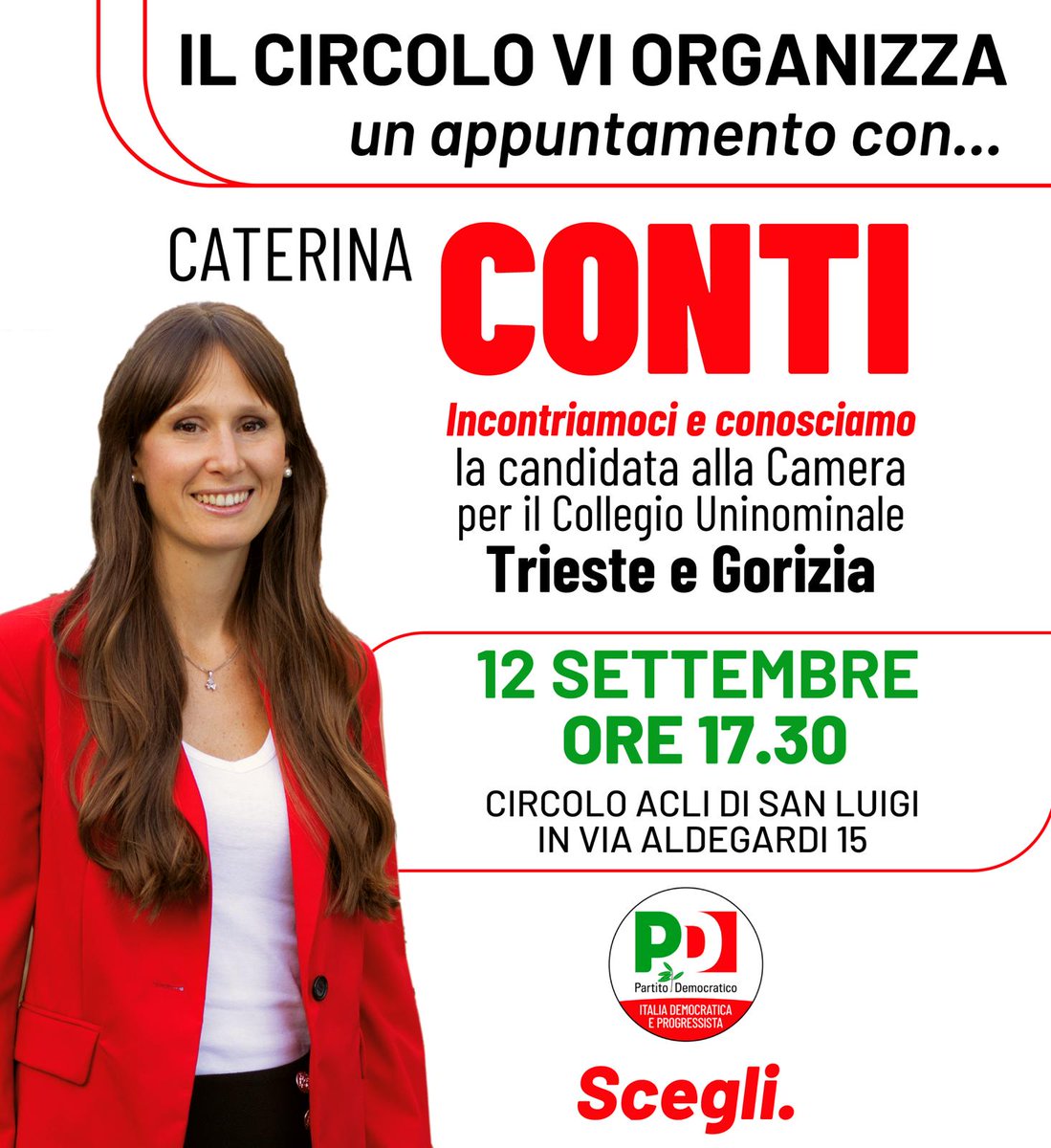 PDTrieste's tweet photo. Il #circoloVI organizza un incontro con Caterina CONTI @conti_caterina il #12Settembre ore 1730 Circolo Acli di via Aldegardi 15 a Trieste #scegli di seguire il #pdtrieste https://t.co/IhZUc5lv5h