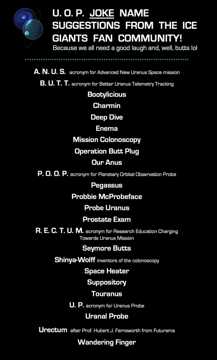 The #icegiants community is insanely creative 😍 &amp;  hilarious 😂
Here are the two lists:
1.  Seriously cool name suggestions for the #Uranus mission ⚪️🛰️ (so difficult to choose!)
2. Some of the best jokes people came up with 🍑
Which is your favorite from each list?
#letsgoback