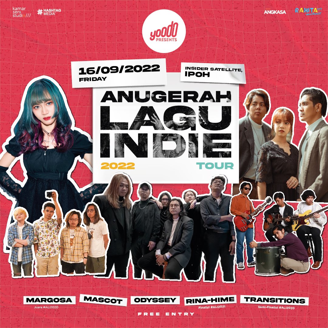AnugerahIndie's tweet photo. Tour Anugerah Lagu Indie 2022 akan bermula Jumaat ini sempena dengan Hari Malaysia di Insider Satellite, Ipoh!

Menampilkan Margosa (Juara #ALI2020), Rina-Hime (finalist #ALI2021), Transitions (semi-finalist ALI2020), Mascot &amp; Odyssey!

Masuk percuma!

#ALI2022 https://t.co/0E3Uk5emHS