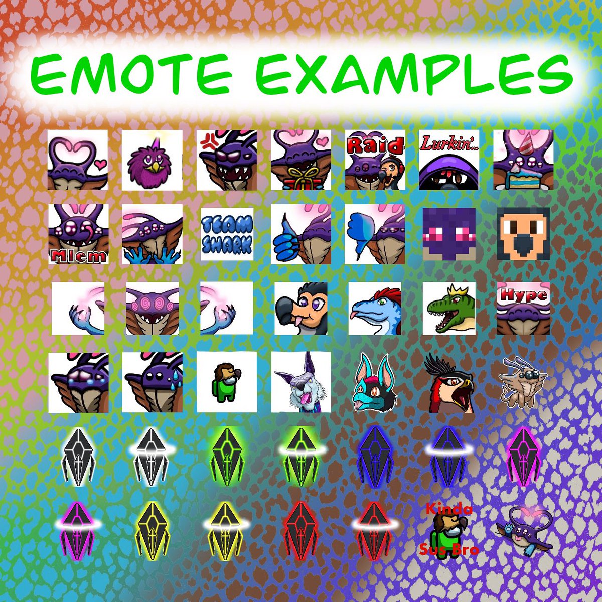 SlitherO6's tweet photo. A big list of all the emotes I’ve done recently 💚 both personal and others emotes are mixed in there #emote #twitch #discord #artist #art #digitalart #Minecraft #ArkSurvivalEvolved #DumplingDoodles #dodo #dino #amongus #amongusart https://t.co/1YCTm2aly6