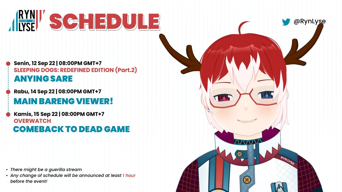RynLyse's tweet photo. This week's schedule! 

Buat mabar gamenya kita ambil berdasarkan vote yang ada di bawah ya!

See ya soon!

YT: https://t.co/mLLeNpmCxq

RT is appreciated 🙏❤️

General: #RynLyse
Live &amp; Clips: #RynLive
Fanart: #RynLine
Memes: #RynLMAO
Fan Name: #RynDear https://t.co/zXgVziHfrU