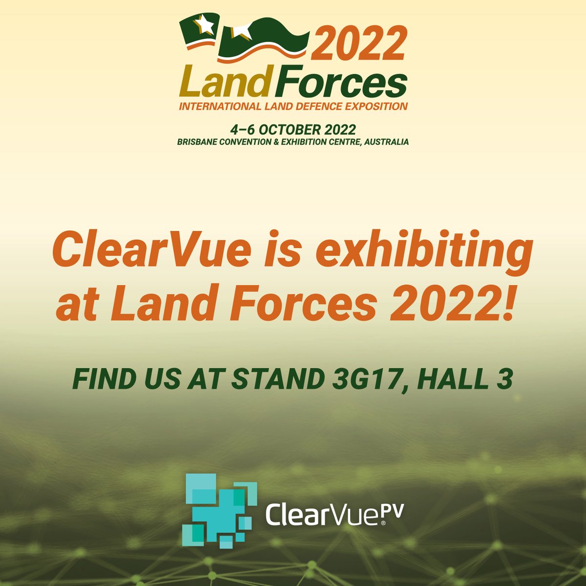 ClearVuePV's tweet image. Come and visit @ClearVuePV at @LandForces_Expo on 4-6 October! #ClearVue ... supporting defence infrastructure transitioning to net zero carbon with clear, solar glass!
#Defence #NetZero #solarenergy