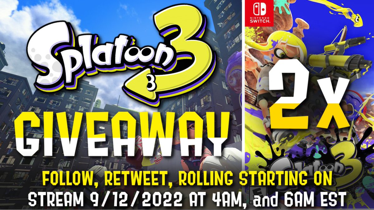 BeaconofNick's tweet photo. 🟡🟣ANOTHER GIVEAWAY FOR 2 COPIES OF SPLATOON 3!🟣 4 COPIES LEFT!🟡
🟡HOSTED BY ANONYMOUS!🟡
  ⚫️Step 1. FOLLOW 
  ⚫️Step 2. RETWEET
  ⚫️I'll Be Rolling In Stream Tonight 9/12/2022 AT 
        4, and 7AM EST. You DO NOT NEED TO BE IN THE 
        STREAM TO WIN! I will DM you! https://t.co/16Bdm4MvOe