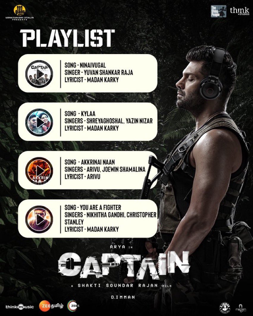 alldin007's tweet photo. The ultimate playlist of fear, courage and love ✨❤️🔥 What's your favourite among this lot? #CaptainPlaylist
@arya_offl @ShaktiRajan @SimranbaggaOffc #AishwaryaLekshmi @adithyalive @immancomposer @madhankarky @tkishore555 @thinkmusicindia #TheShowPeople @RedGiantMovies_ https://t.co/2jG6IhotXe