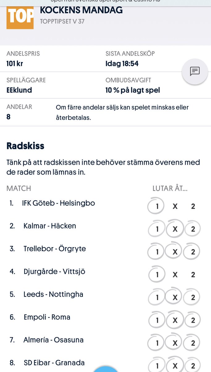 84Eklund's tweet image. Topptips idag och en spännande kupong🤩 haka gärna på kör en andel 101kr 8 andelar spela.svenskaspel.se/spela-tillsamm… #svenskaspel #topptips #tillsammans