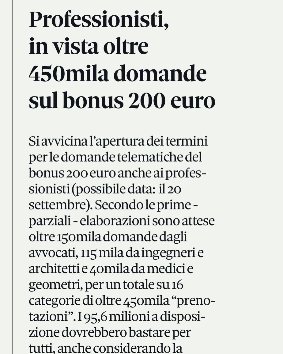 Bonus 200 € per i professionisti al via: istanze dal 20 settembre. Redditi 2021 inferiori a 35.000 € per poter beneficiare del bonus. #bonus200euro #agenziadelleentrate #covid19italia #studiotributariosodini