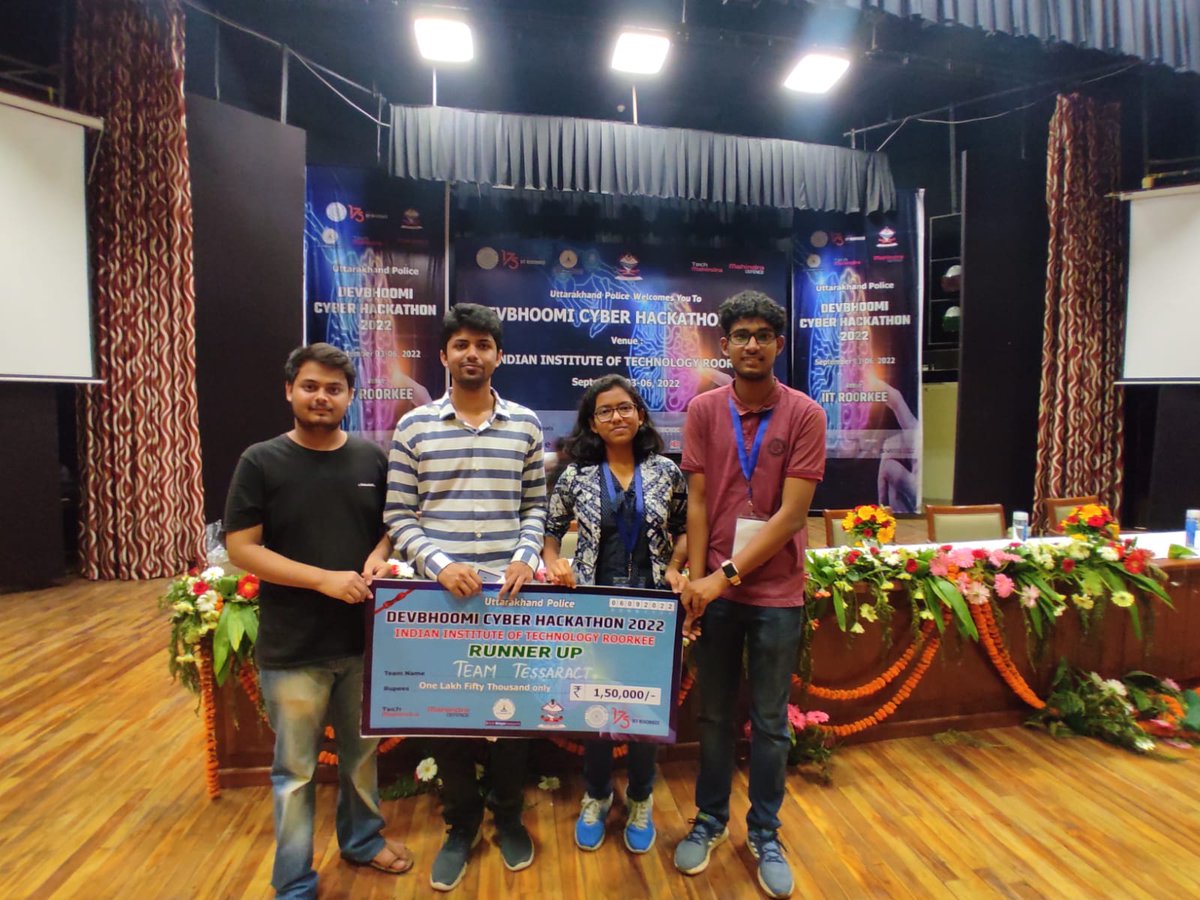 nitrourkela's tweet photo. Team Tesseract from Cyborg (Robotics and Automation Club, Student Activity Centre, NITR) emerged as the 1st runner-up and won a cash prize of 1.5 Lacs in a  4-day offline #Hackathon 'Devbhoomi Cyber Hackathon 2022' conducted at @iitroorkee by @uttarakhandcops. 

@EduMinOfIndia https://t.co/RH1b1qy6aU