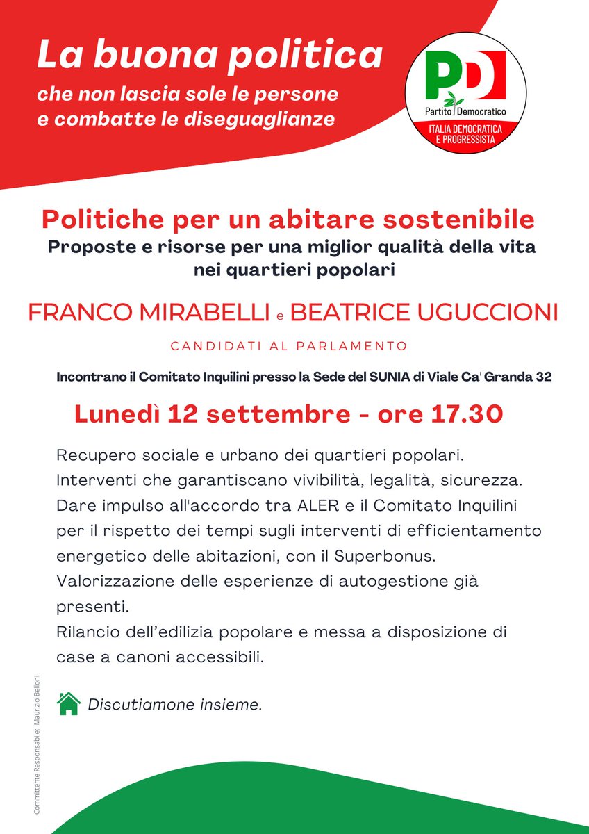 dianacomari's tweet image. Lunedì 12 settembre @FraMirabelli a discutere di politiche per un #abitare sostenibile: alle ore 11.00 ad un incontro con i #Cooperatori a #CascinaCotica e alle ore 17.30 ad un incontro con il Comitato Inquilini delle #casepopolari in Viale Ca’ Granda a #Milano.