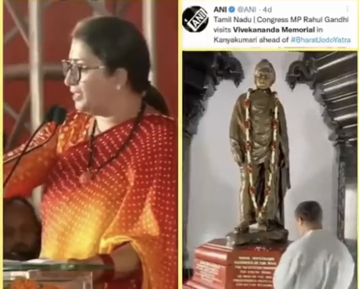 Abhinavpinch's tweet photo. एक रैली को संबोधित करते हुए केंद्रीय मंत्री स्मृति ईरानी ने राहुल गांधी की भारत जोड़ो यात्रा पर टिप्पणी की। 

कहा-कन्याकुमारी से चले तो कम से कम इतनी निर्लज्जता ना दिखाते,स्वामी विवेकानंद को प्रणाम कर आते। 

कांग्रेस ने पहले दिन का वीडियो जारी कर झूठा साबित कर दिया। https://t.co/3oCQQJM4yz