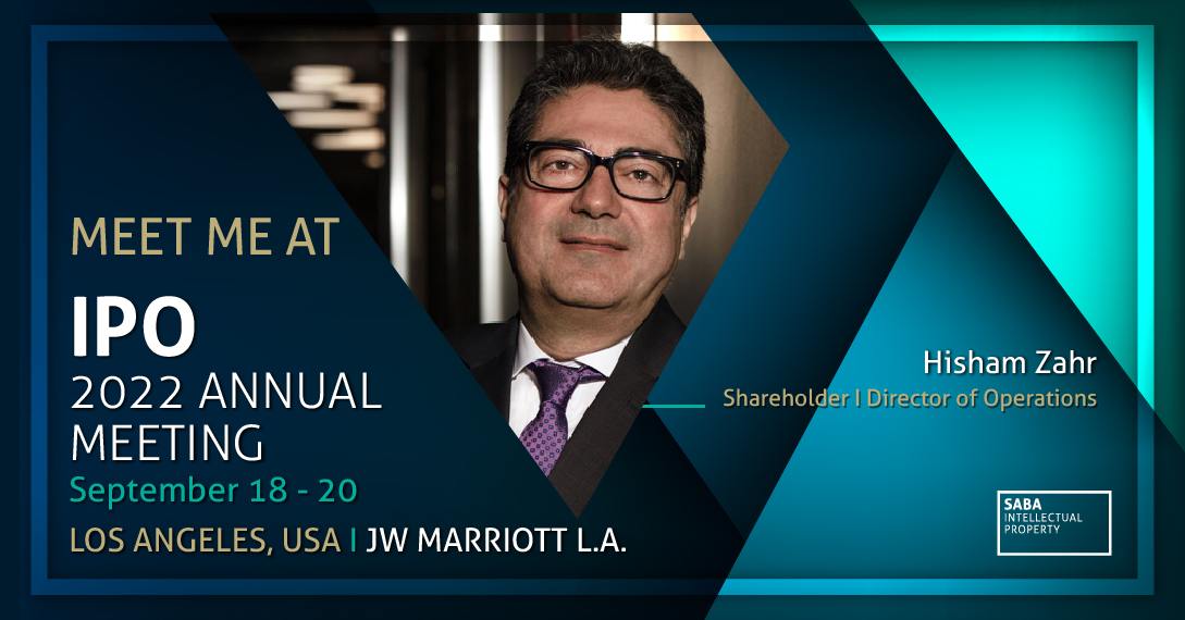 SabaIP's tweet photo. We look forward to reconnecting with peers at #IPO
Please contact Hisham at hzahr@sabaip.com to schedule for a meeting.

#IPOAM22 #IPO50 #IPOmeeting #Trademarks #Patents #SabaIP #SabaIPEvents #IntellectualProperty #event #IPlaw #LA https://t.co/ywFpSLre6L
