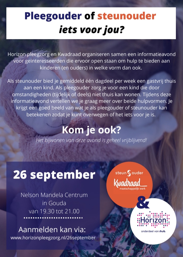 Horizon pleegzorg en Kwadraad organiseren samen een informatieavond voor geïnteresseerden die ervoor open staan om hulp te bieden aan kinderen (en ouders) als steun- of pleegouder. 

𝐤𝐨𝐦 𝐣𝐞 𝐨𝐨𝐤? Meer informatie en aanmelden kan via ➡ horizonpleegzorg.nl/26september/

#kwadraad