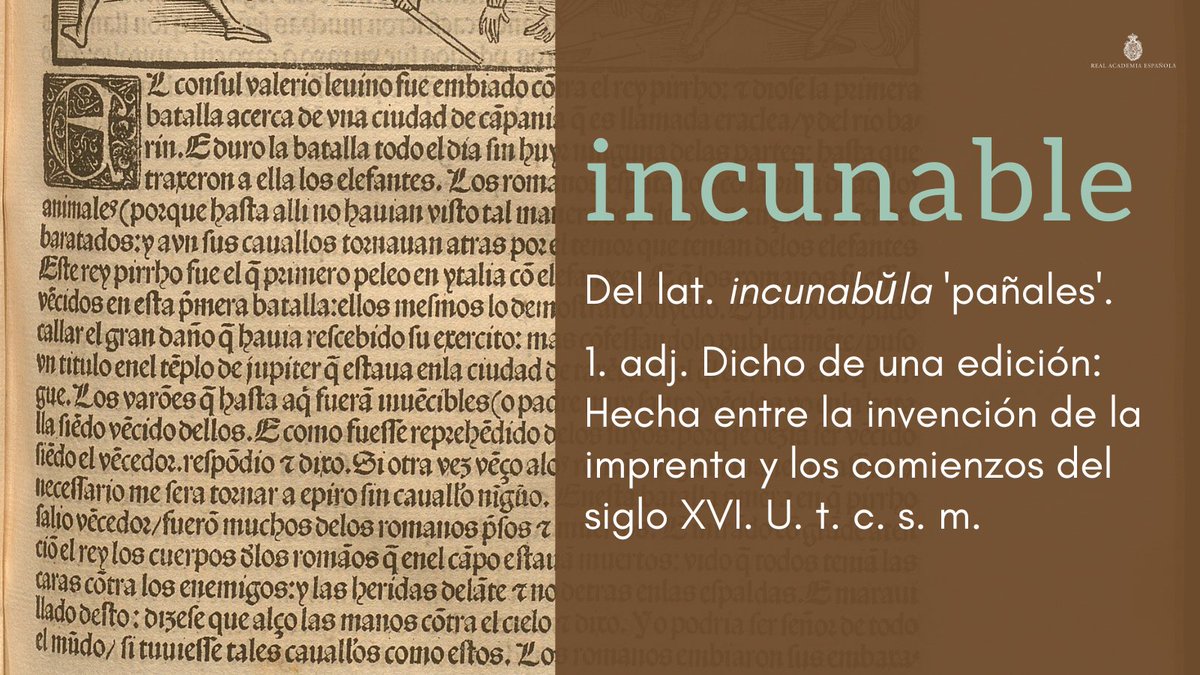 RAEinforma's tweet photo. #PalabraDelDía | incunable

Al hilo de esta palabra, ¿sabían que la biblioteca de la RAE posee cuarenta y dos incunables y primeras ediciones de obras de los principales escritores españoles (Cervantes, Lope de Vega, Quevedo)? Tienen más información aquí: https://t.co/IcJz1T70Qr. https://t.co/cxh62MNn1r