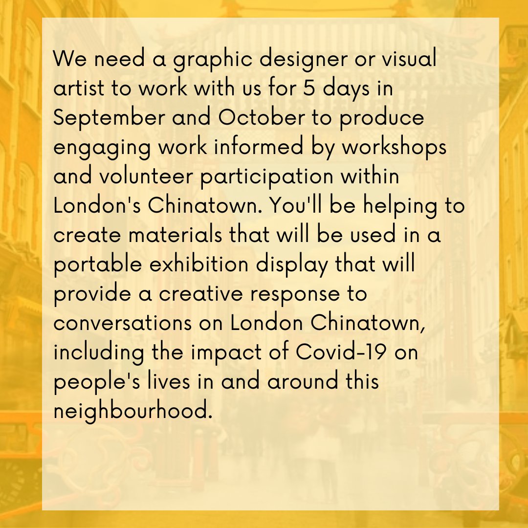 ChinaExchangeUK's tweet photo. 📣China Exchange is seeking a designer or visual artist to work with us for 5 days in September and October to produce engaging work informed by workshops and volunteer participation within London's Chinatown. https://t.co/bVAlV8A2yz