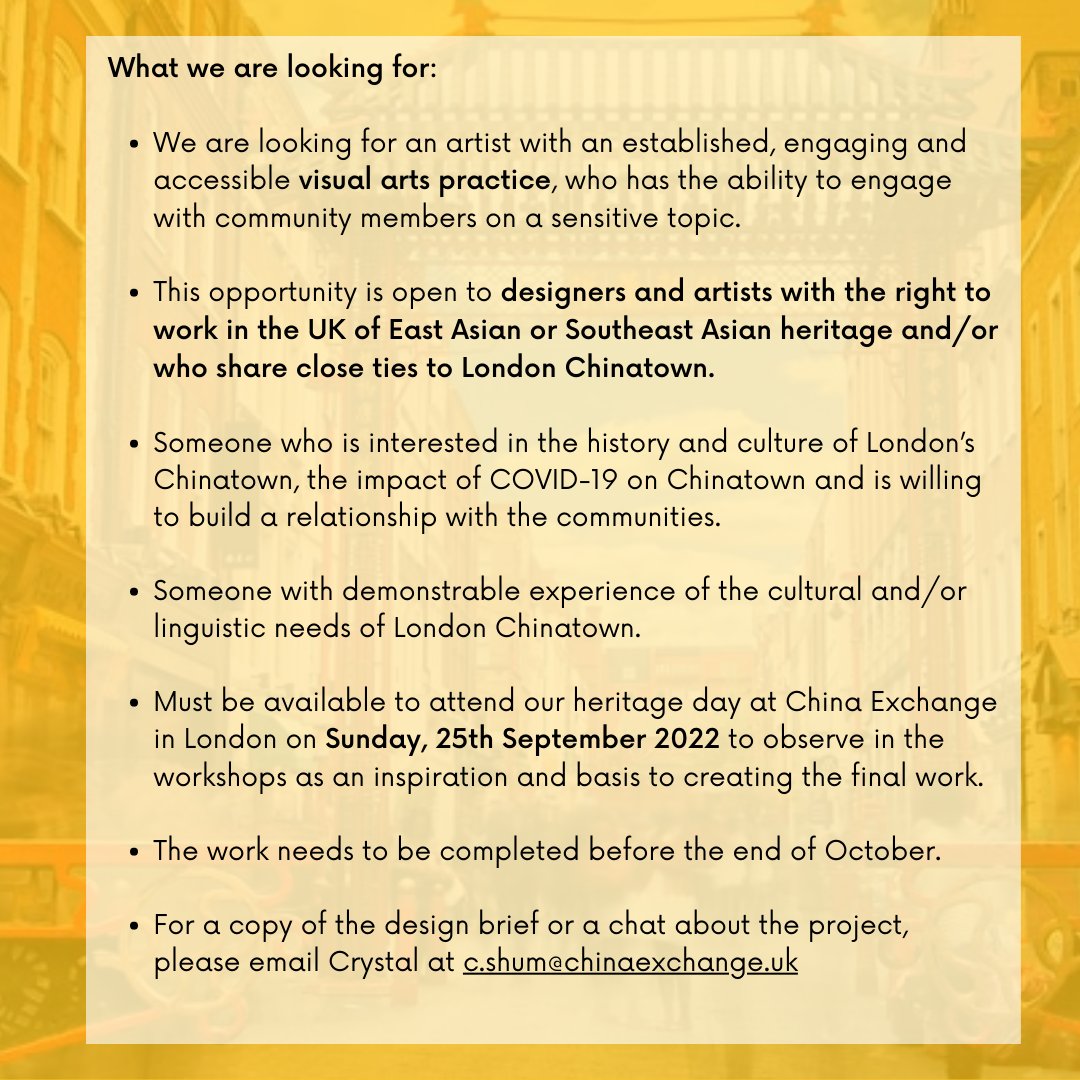 📣China Exchange is seeking a designer or visual artist to work with us for 5 days in September and October to produce engaging work informed by workshops and volunteer participation within London's Chinatown.