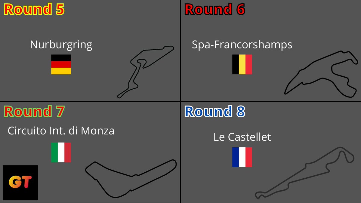GTWCOC's tweet photo. PRESENTING SEASON 2 GTWC CALENDAR!

Catalunya 🇪🇦
Spielberg 🇦🇹
Silverstone 🇬🇧
Hocknheim 🇩🇪
Nurburgring 🇩🇪
Spa 🇧🇪
Monza 🇮🇹
Paul Ricard 🇫🇷
Zandvoort 🇳🇱
C.O.T.A 🇺🇸 https://t.co/VtSxvyAdQF