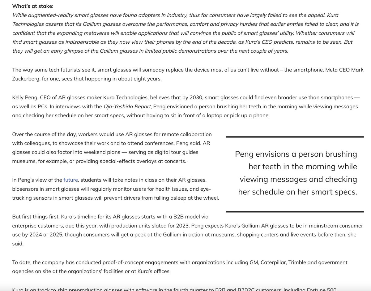 Article on Kura's vision, developments, from design choice to the future of AR. 
One important features of Kura is 0 front light leakage along with 95% see through, this ensure no one can see what the user is seeing, also the lens won't glow for safety
ojoyoshidareport.com/kelly-peng-see…