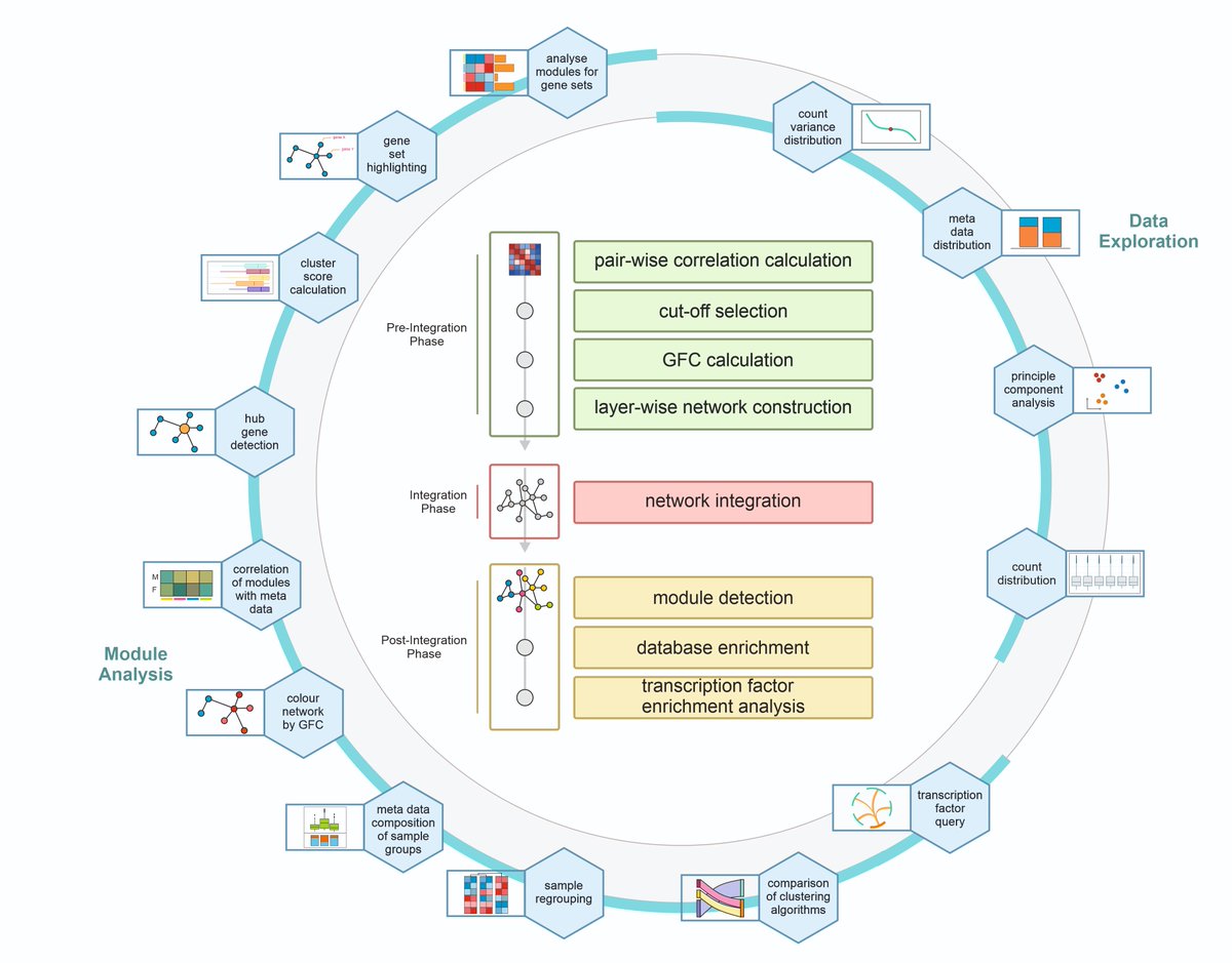 #hCoCena provides a user-friendly #R and #dataintegration tool, with 3 main steps: pre-integration phase, which contains pre-processing that is dataset-specific, followed by the network-based integration phase, and the post-integration phase, with different cross-layer analyses.