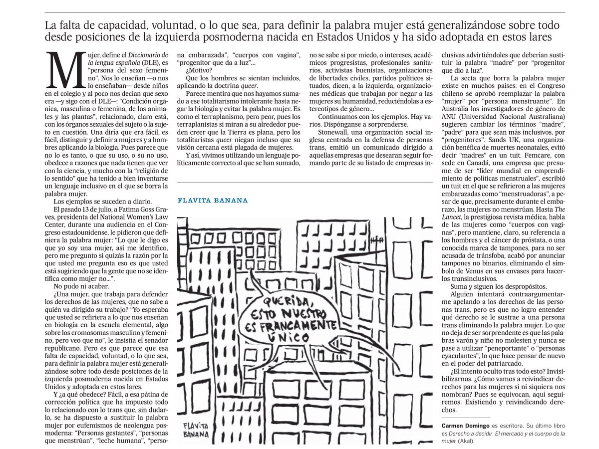 ContraBorrado's tweet photo. Escribe Carmen Domingo en @elpais. 
“De se­res mens­truan­tes y per­so­nas eya­cu­lan­tes”

Ley trans de @sanchezcastejon e @IreneMontero también incluye cambios en Código Civil para usar esos términos en sustitución de“mujer”. Defender el concepto que nos define no es transfobia https://t.co/J7qvfY0BPD