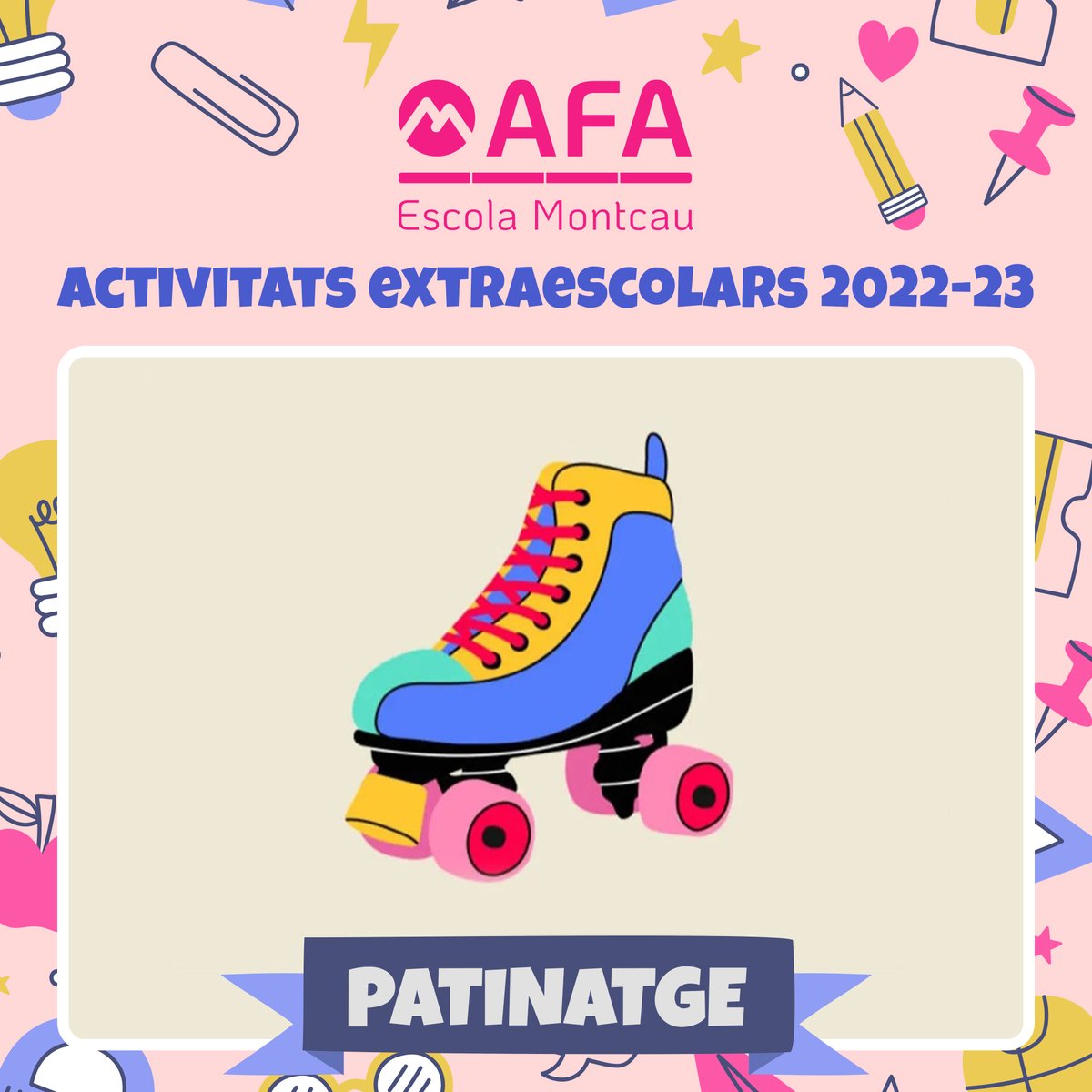 afamontcau's tweet photo. Famílies, com va la tornada? 

Segur que sobre rodes i perquè segueixi així Pàmpol, educació i lleure, ens ofereix l’extraescolar de patinatge, una activitat recreativa i esportiva que farà les delícies dels nostres infants.

+info: https://t.co/JVkwgaxAdF 

#SomAFA #Gelida https://t.co/JjtvI1EM1B