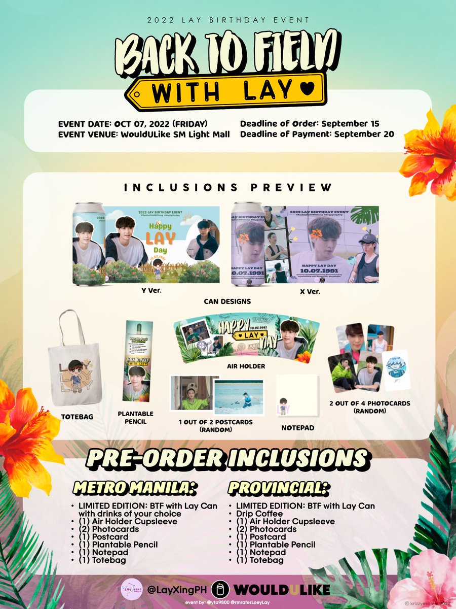 🐏#BackToFieldWithLAY: A Birthday Cansleeve Event 🐝 📅: Friday, 7th October 2022 💜 ⏰: 10:07am onwards 📍: WouldULike SM Light Mall Mandaluyong 💰: MM: 300 PHP | Prov: 250 PHP PRE-ORDER FORM: tinyurl.com/BTFwLAYCanS @layzhang