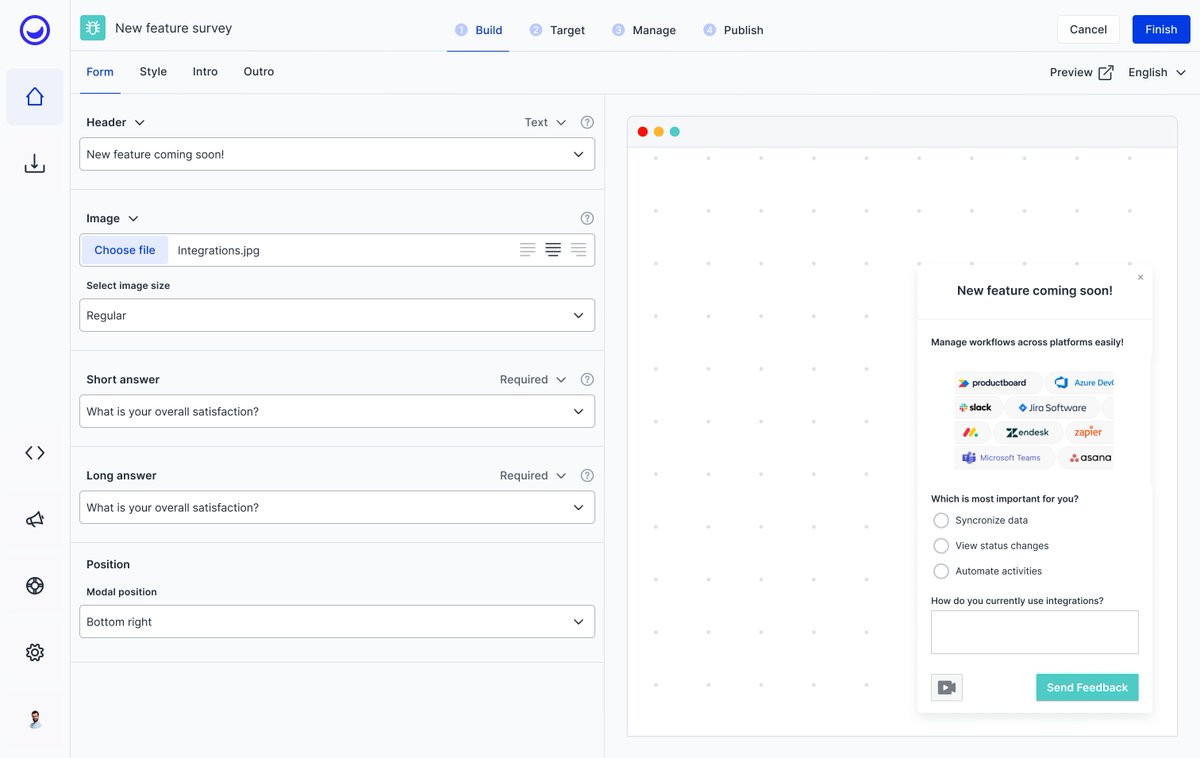 Promote new features &amp; get feedback in one go! Show your feature announcement with an image + text popup. Grasp the opportunity to get instant feedback with a simple poll, or video screen recording. Try it out now: usersnap.com/signup