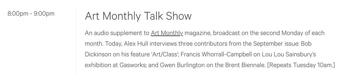 Tune into the Art Monthly Talk Show at 8pm tonight! Alex Hull interviews three contributors to our September issue @alexhull100 <a href="/robertD52896875/">robert Dickinson</a> <a href="/francis_w_c/">Francis Whorrall-Campbell</a> <a href="/GwenBurlington/">Gwen</a>