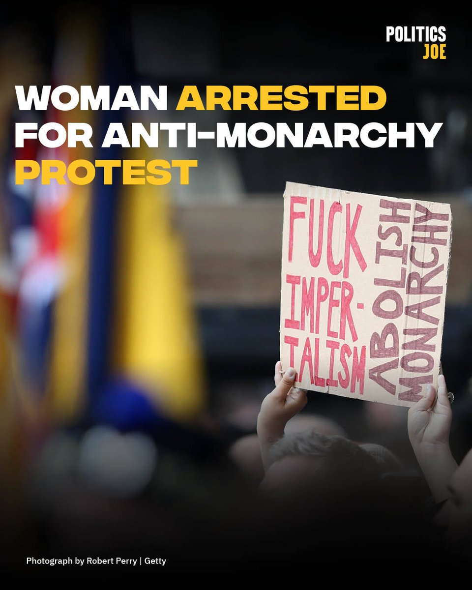 PoliticsJOE_UK's tweet photo. 🚨 BREAKING: A woman who held an “abolish monarchy” sign at a proclamation ceremony for King Charles III has been charged with a criminal offence. https://t.co/kdX3LzgGZU