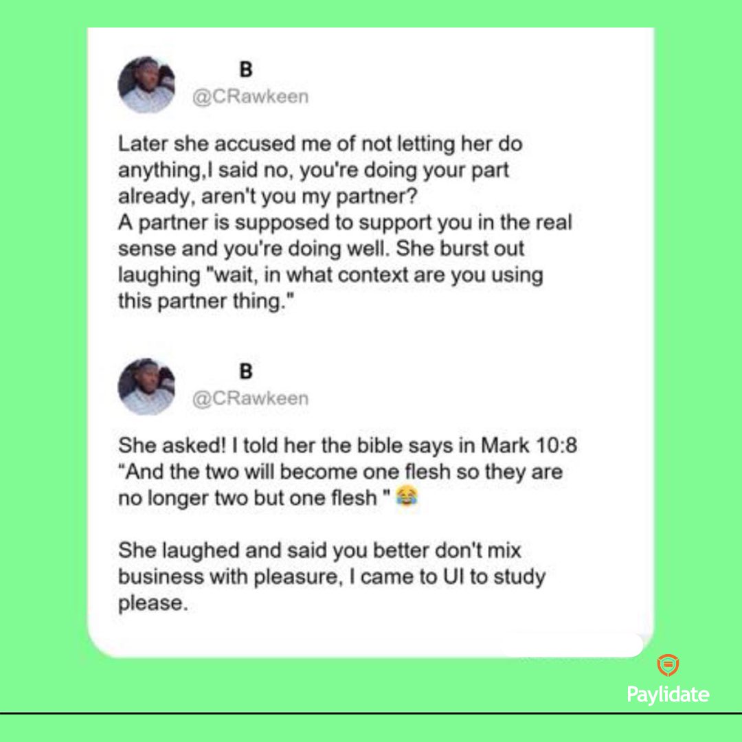 paylidate's tweet photo. It’s Payli-monday!🤗🤗
We have an interesting love story to share with you today. Never has a more beautiful love story been told😉. 
Swipe through the picture thread to read.

#Paylimonday #Paylidate #Lovestory #meethalfway #validateyourpayment https://t.co/uetSD5CItZ