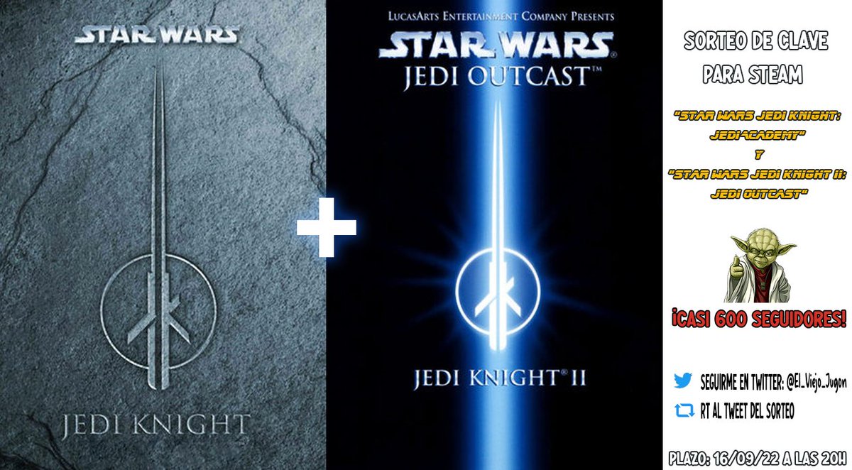 🍀#SORTEO DE LOS CASI 600🍀

Como me parecéis gente de bien y tengo 2 claves voy a adelantar el sorteo de los 600 seguidores. Los juegos son el Jedi Knight I y el II para Steam. 

¡1 solo ganador se lleva ambos!

1⃣ Seguirme 
2⃣ Retweet a este tweet 🔁

Plazo: 16/09/22 a las 20h