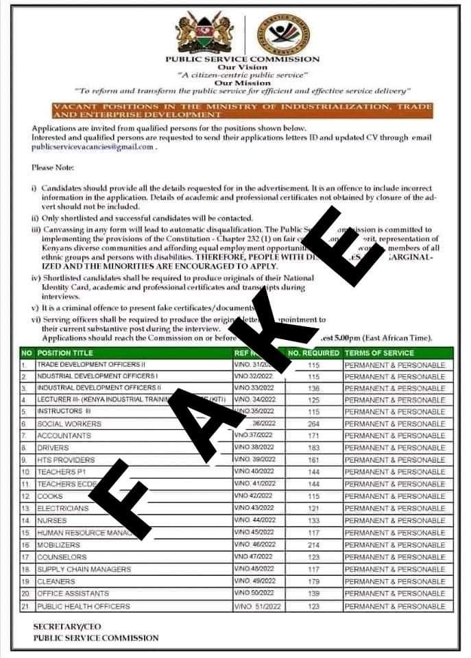 PSCKenya's tweet photo. This is to notify the general public that the below advert circulating on social media is Fake. https://t.co/TrfuI12ToI