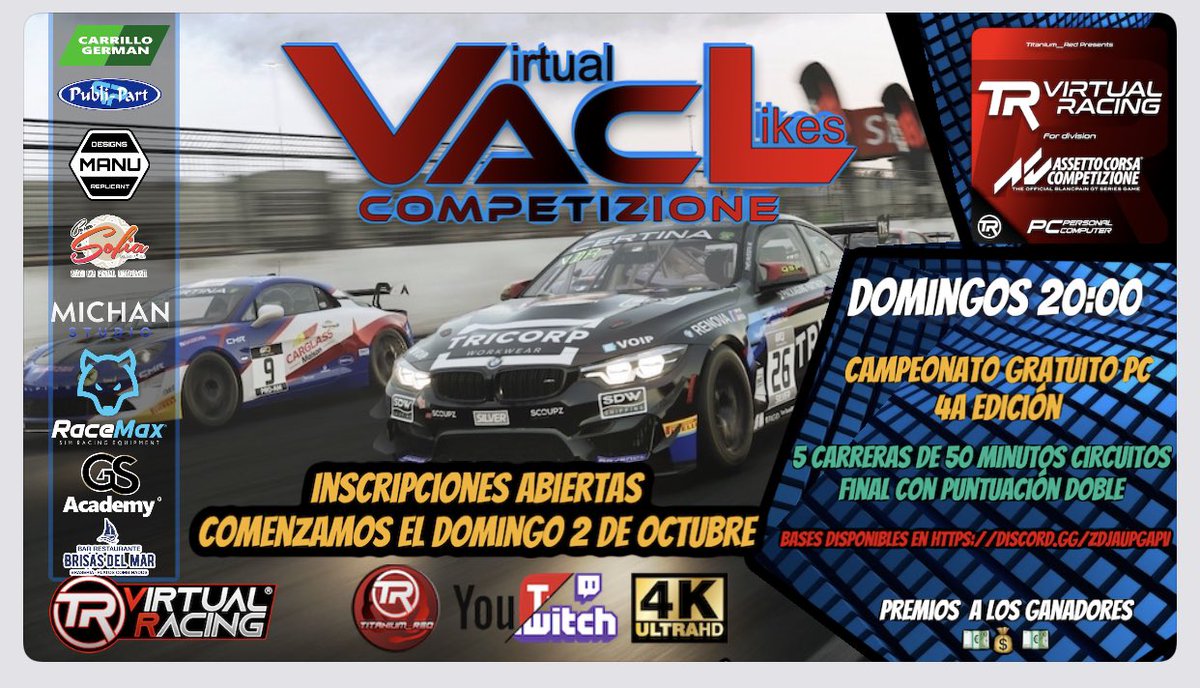 Y como este mes estamos de inicio de temporada lazamos en pc inscripciones y reglamento a la 4 edición de <a href="/TRVirtualRacing/">Titanium Red Virtual Racing</a>  #AssettoCorsaCompeticione con premios en metálico. forms.gle/xB7GtRZ3Vzt9s7…  reglamento drive.google.com/file/d/1J2kvJa…