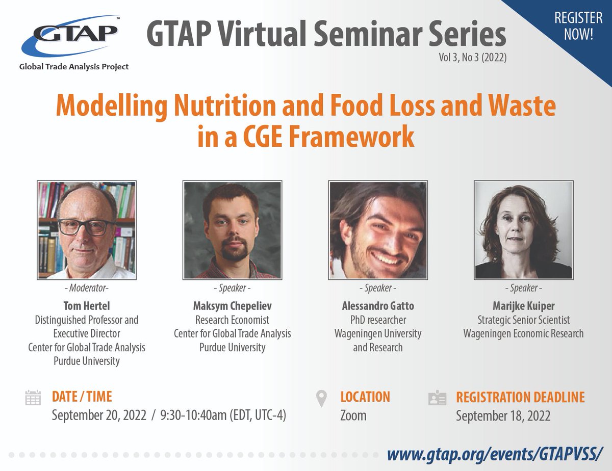 GTAP_Purdue's tweet photo. GTAP Virtual Seminar Series, Vol 3, No 3 (2022)

Modelling Nutrition and Food Loss and Waste in a CGE Framework

Register by September 18!

https://t.co/3DzhFTCLiW

#GTAP #GTAPVirtualSeminarSeries @WUR @WUReconomic https://t.co/CzLAUfOuUS