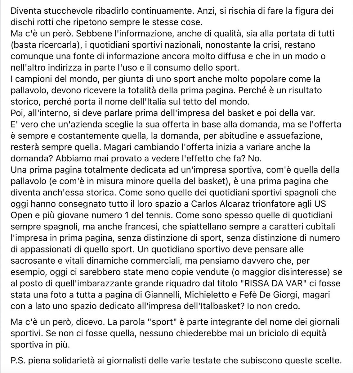 raffamimmo's tweet photo. Questo è il mio pensiero riguardo all'ennesima occasione persa da tutti i quotidiani sportivi di celebrare a dovere le impresa sportive, per strizzare sempre l'occhio a polemiche calcistiche e gossip. https://t.co/UqSKxLXCxz