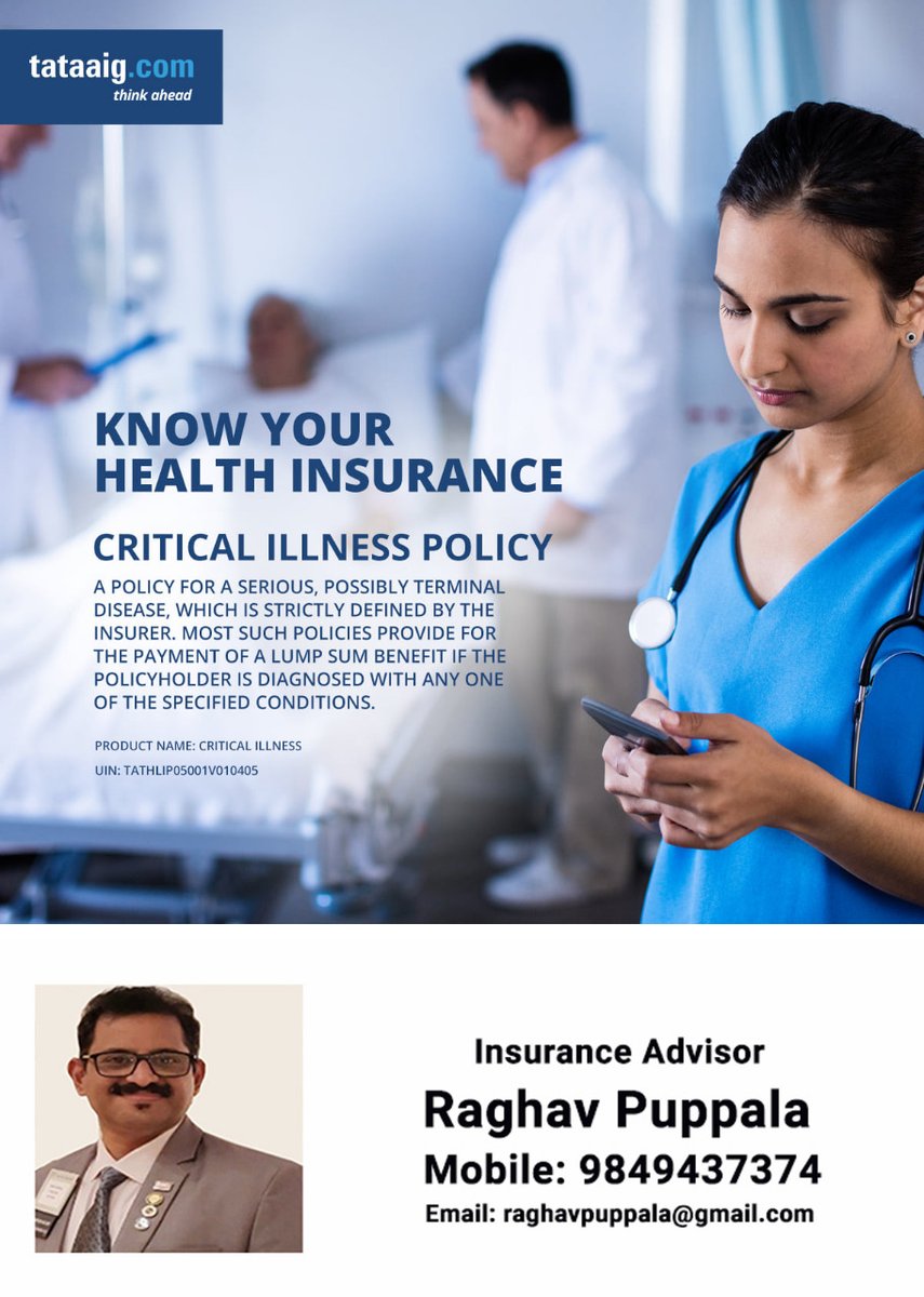 Critical Illness Policy. Tata Aig Insurance for more details call:9849437374
#healthinsurance #criticalillness #terminaldisease #provide #specifiedconditions #insuranceadvisor