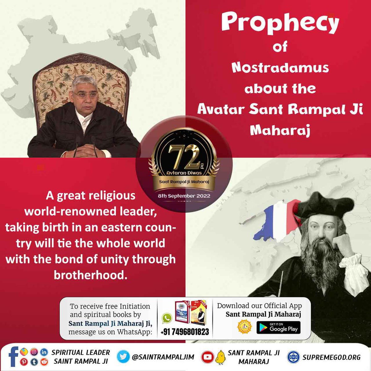 BasantTecher's tweet photo. #SantRampalJi_IncarnationDay

Nostradamus is proving in Century 1 Quatrain 50) - That great saint would be born in the island surrounded by ocean from three sides. At that time, because of absence of Tatvgyan (complete spiritual knowledge),

धरती पर अवतार https://t.co/ZomLygkVf1