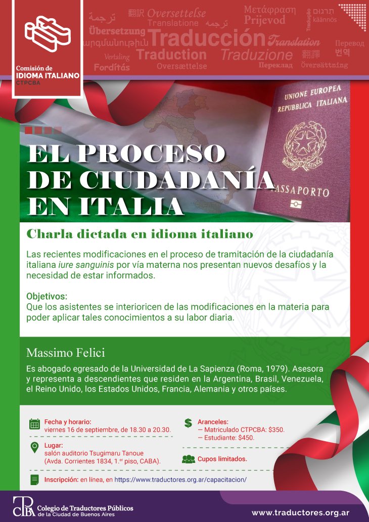 dimarcocarla's tweet photo. El proceso de ciudadanía en Italia
Charla dictada en idioma italiano
Fecha y horario: viernes 16 de septiembre, de 18.30 a 20.30.
Inscripción: en línea, en https://t.co/EWv92w9xoM https://t.co/u4a01HC2Pi