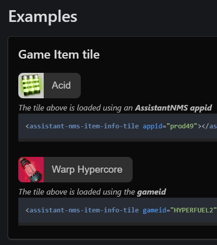 AssistantNMS's tweet photo. We made easy to use WebComponents for your NMS web projects! 🎉. Source code is #opensource 💖. Let us know if you need help getting them working on your projects or have some ideas for future components💪 https://t.co/TvJVOoxntO