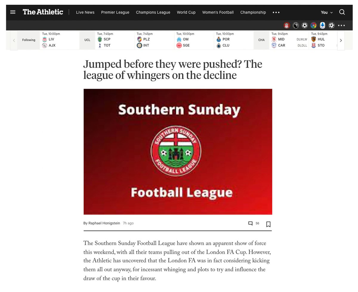 CLSundayLeague's tweet photo. Great article today in the Athletic on the controversy of the Southern Sunday Football League pulling their teams out. Clearly more to the story than they're saying @SouthernSunday @exoniansfc @LondonFA https://t.co/fuyNS4EITn