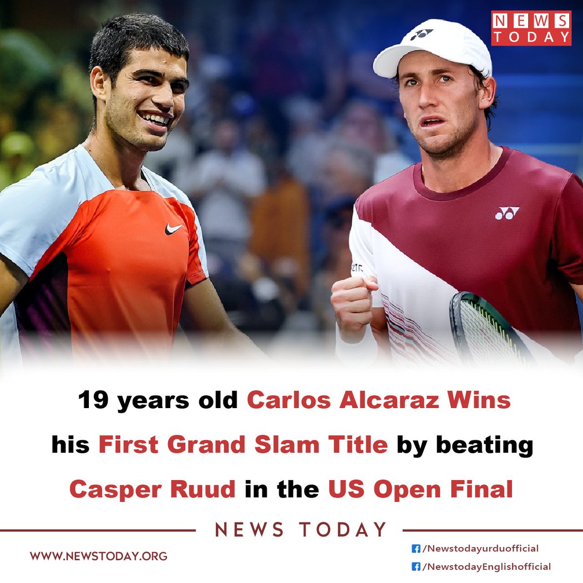newstoday_org's tweet photo. Carlos Alcaraz BEAT Casper Ruud in the final match of the US Open Final to crown the grand slam crowns on his head at the age of 19 and become the youngest man to be ranked first.
Read More:
https://t.co/ETpd2InVZX
#newstoday #usopen22 #USOpen2022 #CarlosAlcaraz #CasperRuud https://t.co/8v888DvQ6v