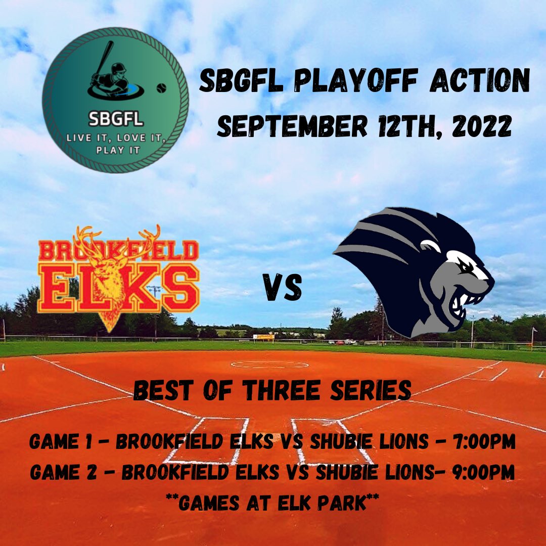 SBGFL playoffs begin tonight!!!
Get on out to Elk Park as the defending Champion, <a href="/ElksFastpitch/">Brookfield Elks</a> take on the Shubie Lions and in Lantz the Halifax Bandits take on the Prodigy Red Sox. Both doubleheader’s start at 7:00pm