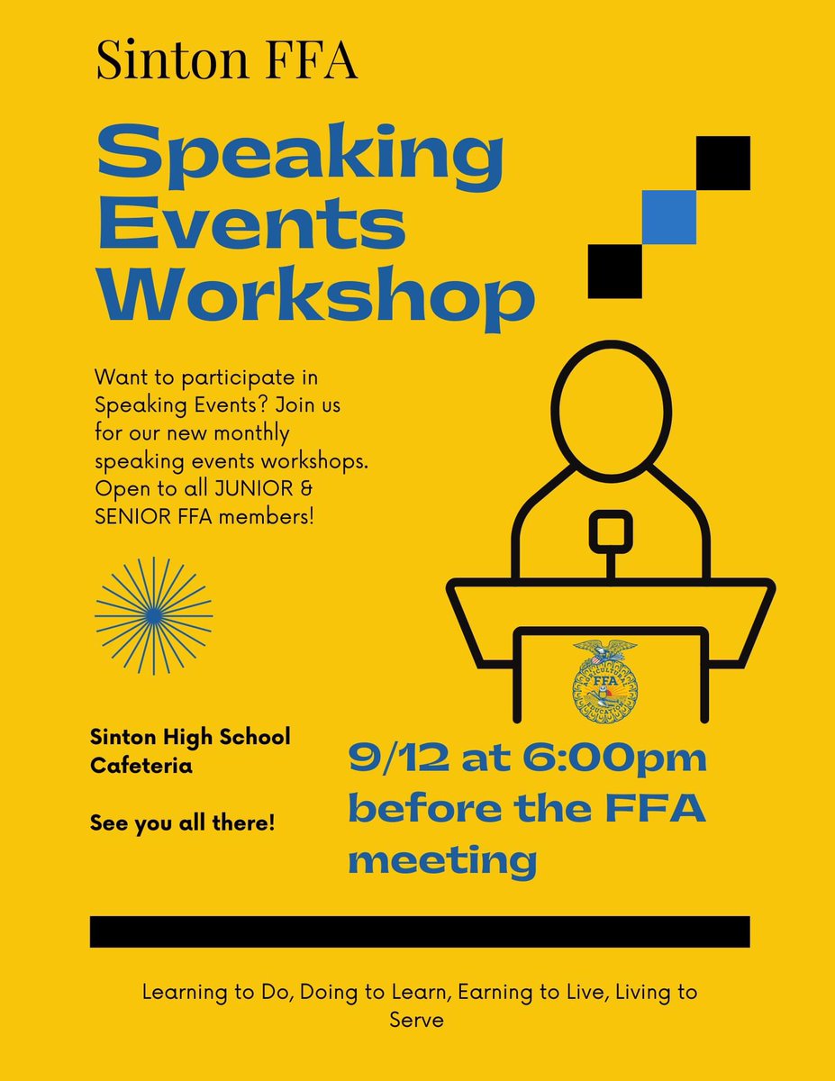 sinton_ffa's tweet photo. Sinton FFA Meeting TONIGHT! Join us at 6pm for the Speaking Workshop then meeting at 6:30pm! Sinton HS Cafeteria! See you there! https://t.co/FY9DegmGWv