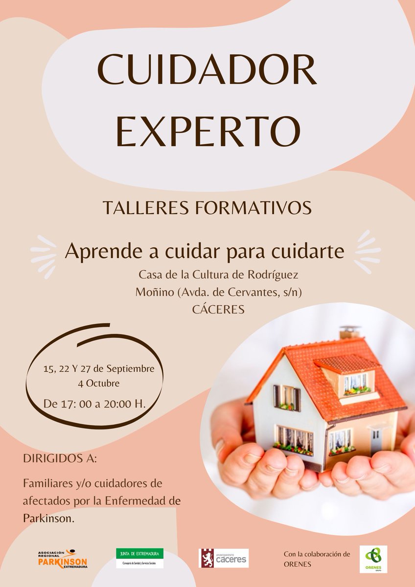 ParkinsonExtre's tweet photo. 📣 YA tenemos FECHAS para nuestros talleres formativos de CUIDADOR EXPERTO en CÁCERES.

Dirigidos a FAMILIARES y/o CUIDADORES de personas afectadas por la enfermedad de Parkinson. 

Apúntate en:
 ☎️ 924303224 - 674094501
 📩 cuidadorexpertoparkinson@gmail.com https://t.co/QH1Iosaqh7