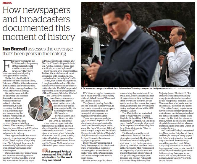Poignant by <a href="/iburrell/">Ian Burrell</a> 

'As I perused Friday’s newsstand, I felt full of admiration for the work they contained. Some twentysomethings walked past. What a pity they showed no interest in buying one of these which will still have historic significance half-a-century from now'
