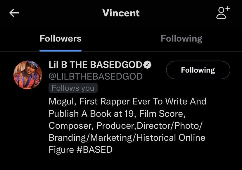 big7ex's tweet photo. LIL B FOLLOWED ME BACK WHILE LISTENING TO THRAXXX KISS BY @LILBTHEBASEDGOD 
I will never forget this moment.
TYBG https://t.co/3VZKkRxc23